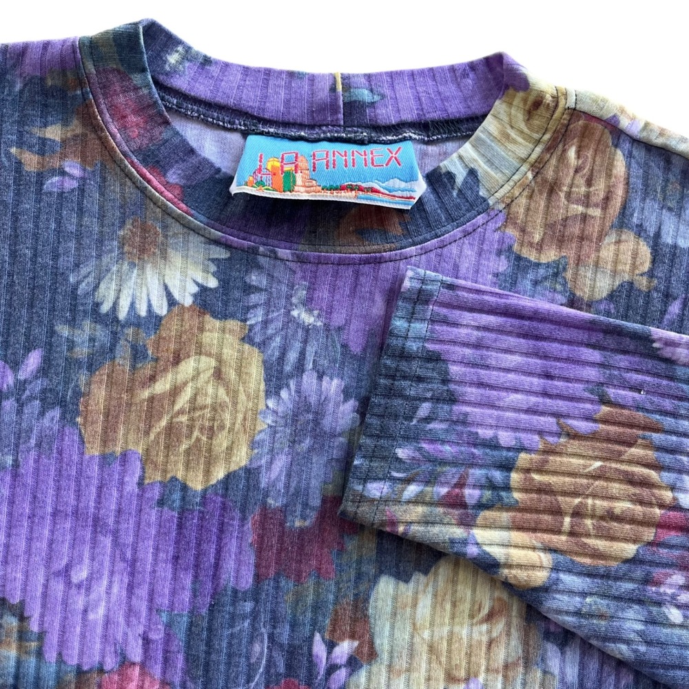 LA Annex Women's M Purple Floral Roses Ribbed Long Sleeves Oversized Top VTG Y2K